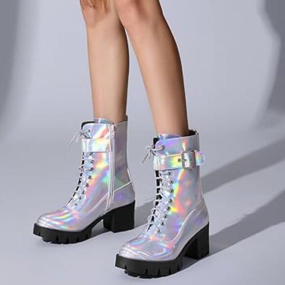 Lace Up Round Toe Chunky Heel Combat Platform Boots - Picture 6 of 10